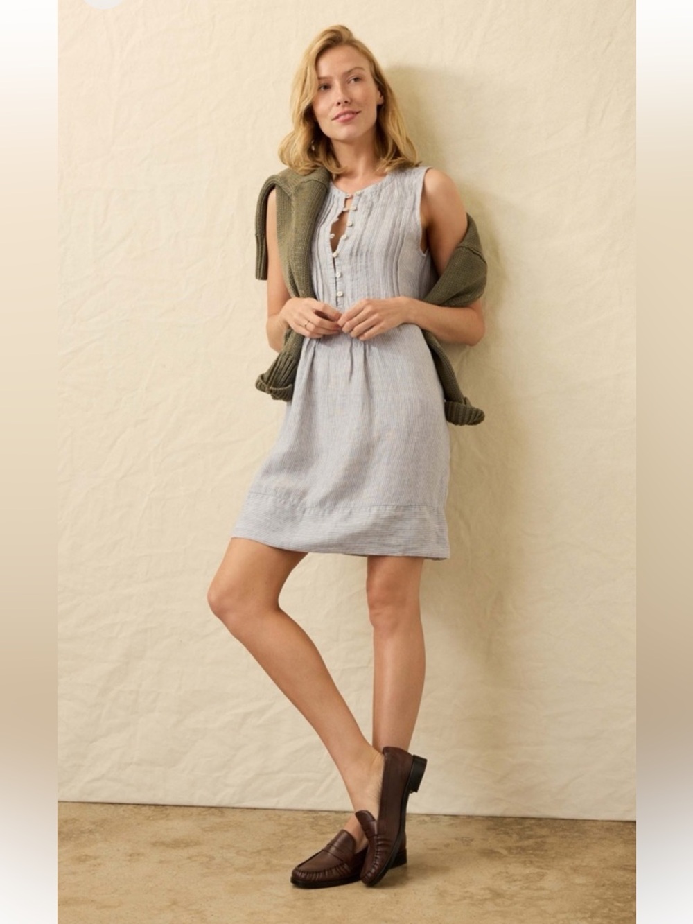 Faherty Isha Linen Mini Dress- Blue and White Striped